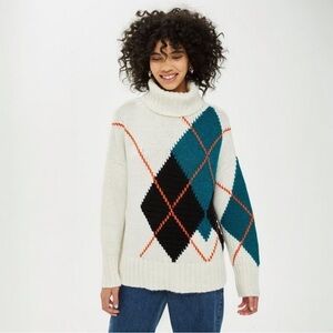 Topshop Oversized Argyle Turtleneck Sweater Cream Black Green Size 4 Small